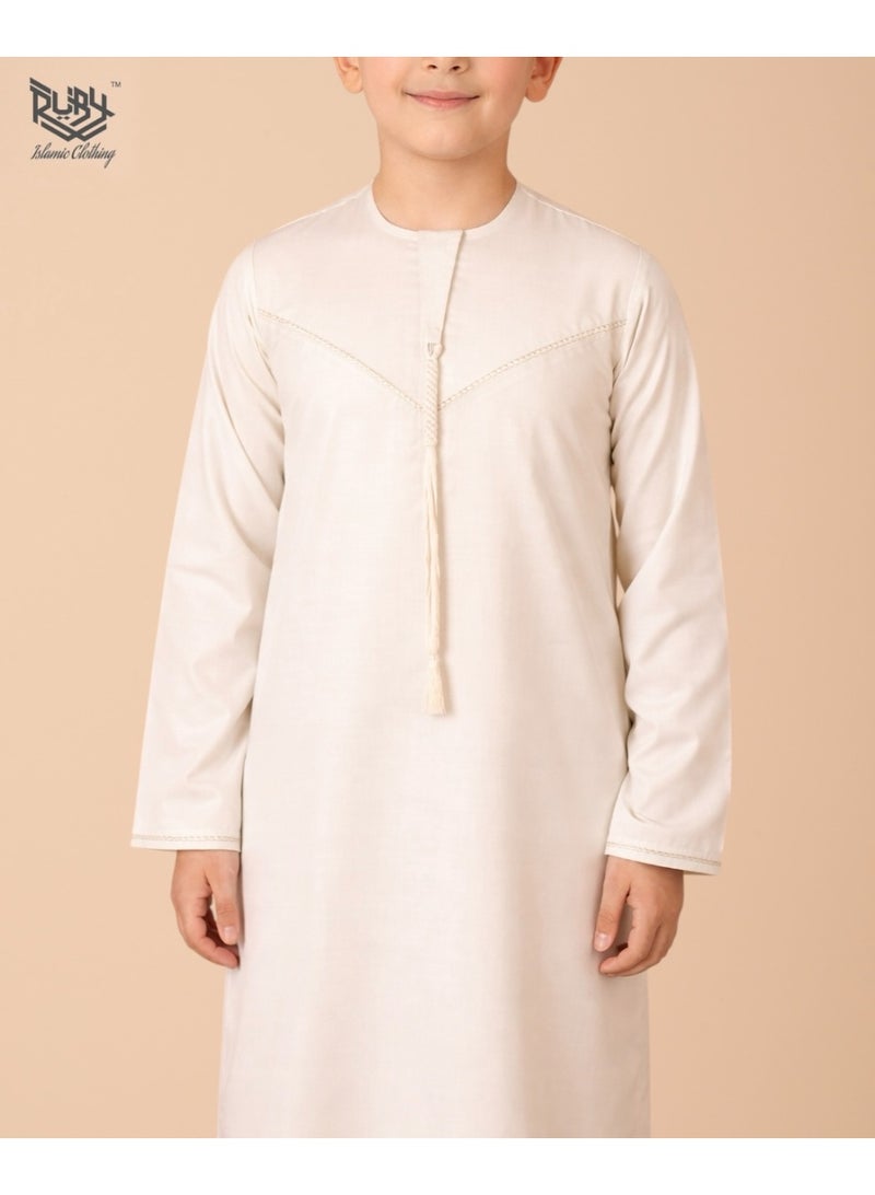 RUBY ISLAMIC CLOTHING Classic Off White Emirati Thobe kandura for Children & kids with Intricate Embroidery kandura Kaftan Round Neck Long Sleeve Saudi Arabian Muslim Robe - Image 3